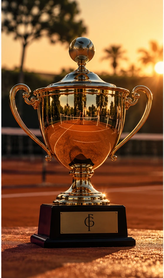 Taça dourada sobre a quadra de saibro ao pôr do sol.